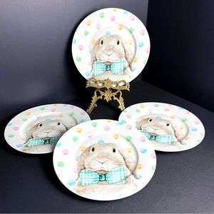 Set of 4 bunny Rabbit with bow-tie & Dot Easter 8” Stoneware Ciroa Lunch Plates
